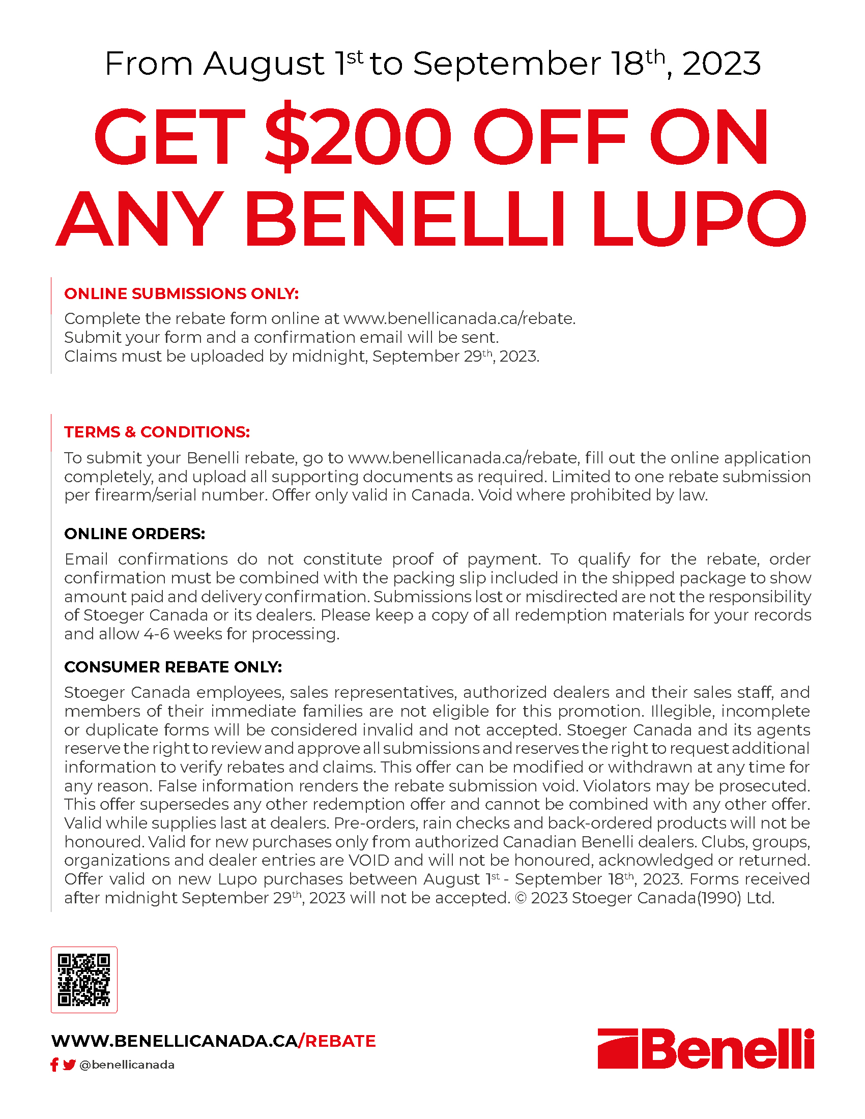 Canada Benelli Lupo 200 dollars Rebate 2023 Terms